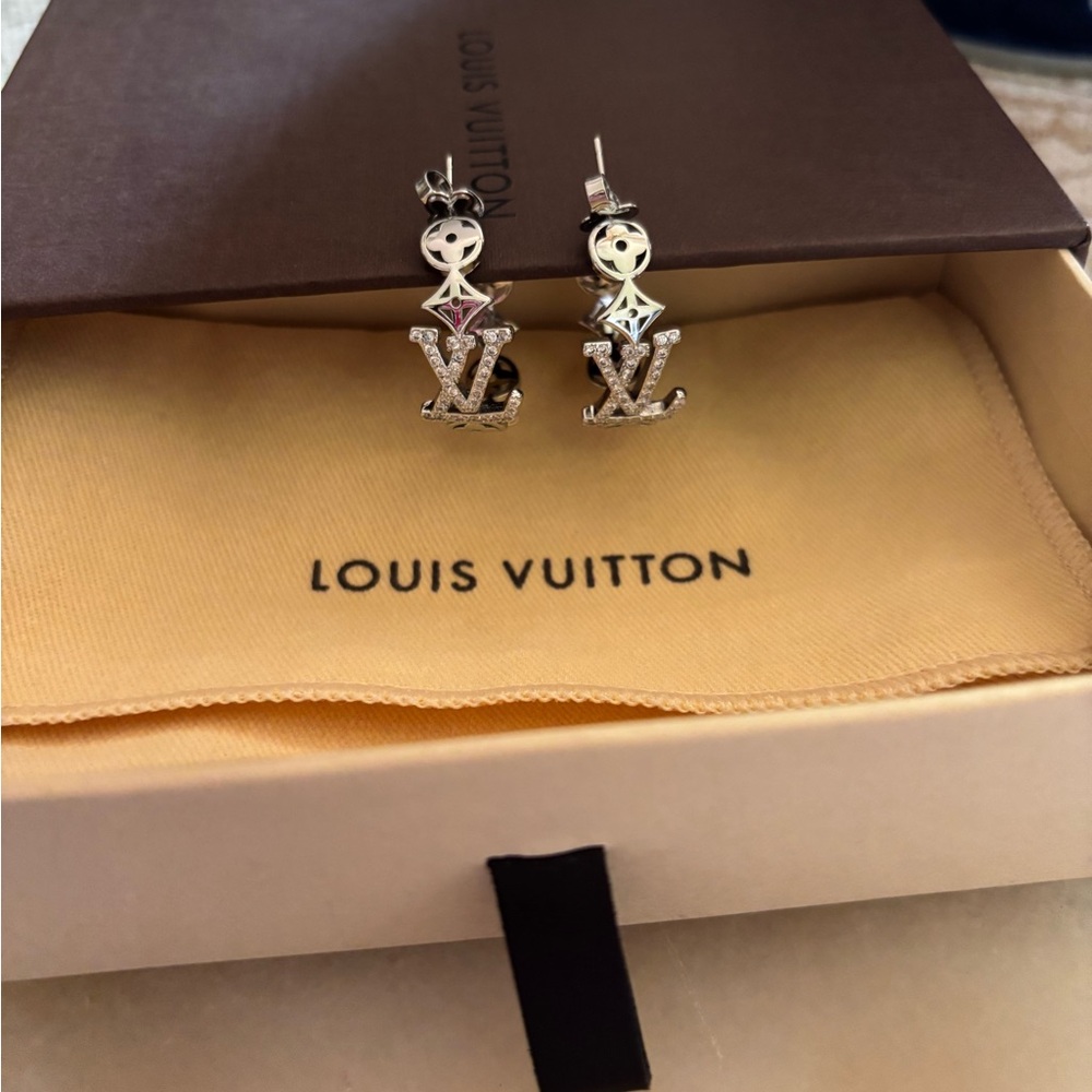 Louis Vuitton Silver Tone Crystal LV Drop Earrings with Pink Accent
